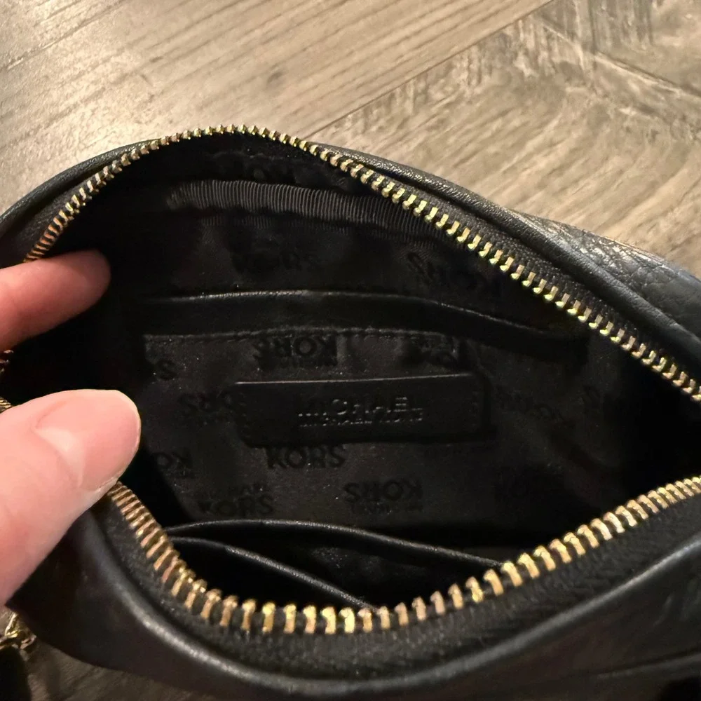 Michael Kors Black Pebbled Leather Crossbody‎ Camera Bag Gold Chain Strap